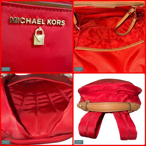 Michael Kors Red Gold Nylon Kelsey Backpack Travel Carry On 
